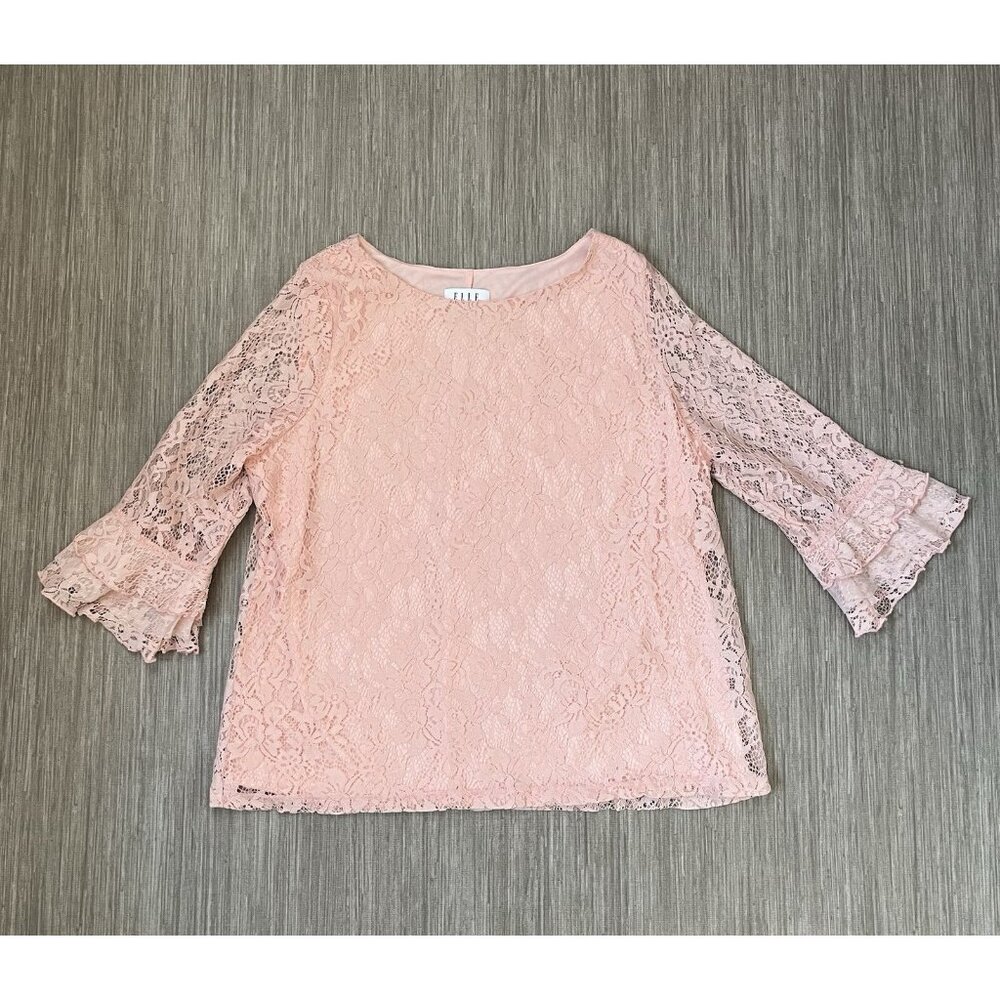 Elle‎ Women’s Allover Floral Lace Pink Blouse Ruffles XXL Lined